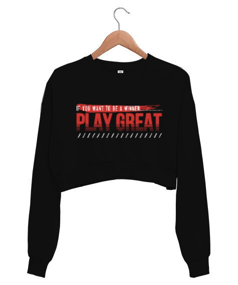 Tisho - Play Great Siyah Kadın Crop Sweatshirt