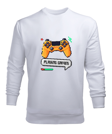 Tisho - Playing Games Oyun Oynayalım Retro ve Piksel Art Oyun Kolu Oyuncu Özel Tasarım Beyaz Erkek Sweatshirt