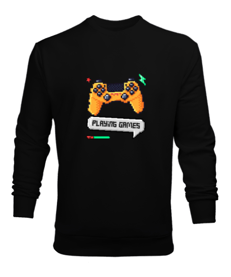 Tisho - Playing Games Oyun Oynayalım Retro ve Piksel Art Oyun Kolu Oyuncu Özel Tasarım Siyah Erkek Sweatshirt