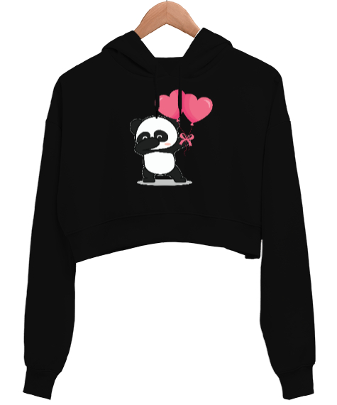 Tisho - Polar Bear Kalp Balonlu Sevgililer Günü 14 Şubat Tasarım Baskılı Siyah Kadın Crop Hoodie Kapüşonlu Sweatshirt
