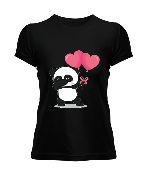 Tisho - Polar Bear Kalp Balonlu Sevgililer Günü 14 Şubat Tasarım Baskılı Siyah Kadın Tişört