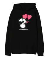 Polar Bear Kalp Balonlu Sevgililer Günü 14 Şubat Tasarım Baskılı Siyah Oversize Unisex Kapüşonlu Sweatshirt - Tisho