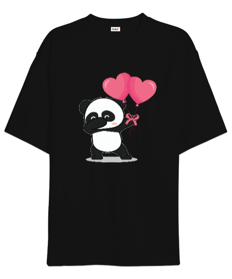 Tisho - Polar Bear Kalp Balonlu Sevgililer Günü 14 Şubat Tasarım Baskılı Siyah Oversize Unisex Tişört
