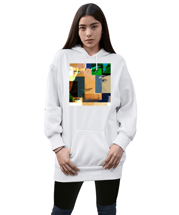 Tisho - POPART DESENLİ Kadın Uzun Hoodie Kapüşonlu Sweatshirt