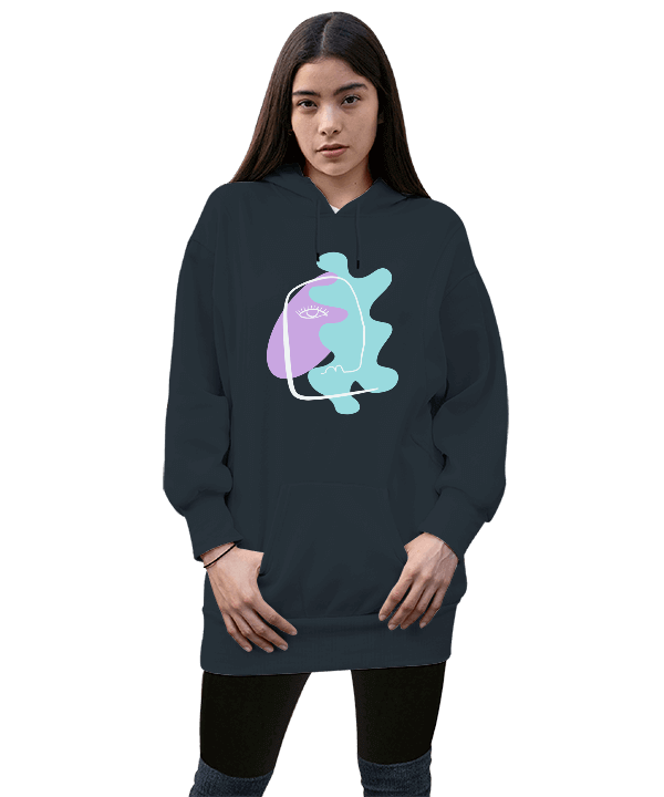 Tisho - Portre tasarım Kadın Uzun Hoodie Kapüşonlu Sweatshirt