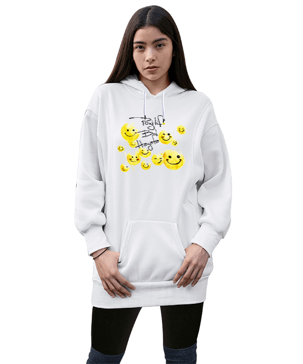 Tisho - Pozitif Bak Hayata Temalı Kadın Uzun Hoodie Kapüşonlu Sweatshirt