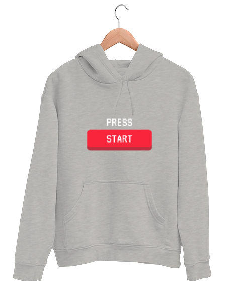 Tisho - Press Start Oyuna Başla Retro ve Pixel Art Oyun ve Oyuncu Özel Tasarım Gri Unisex Kapşonlu Sweatshirt