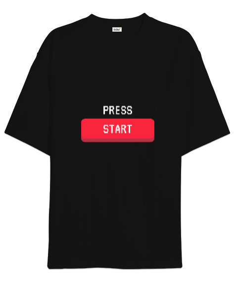 Tisho - Press Start Oyuna Başla Retro ve Pixel Art Oyun ve Oyuncu Özel Tasarım Siyah Oversize Unisex Tişört