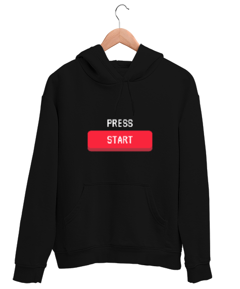 Tisho - Press Start Oyuna Başla Retro ve Pixel Art Oyun ve Oyuncu Özel Tasarım Siyah Unisex Kapşonlu Sweatshirt