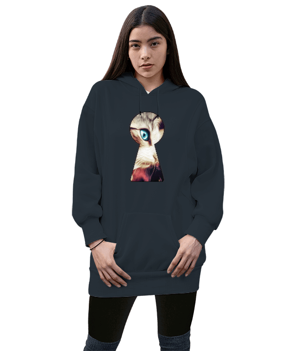 Tisho - Psychedelic Cat Kadın Uzun Hoodie Kapüşonlu Sweatshirt