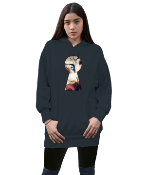 Tisho - Psychedelic Cat Kadın Uzun Hoodie Kapüşonlu Sweatshirt