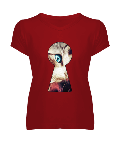 Tisho - Psychedelic Cat Kadın V Yaka Tişört
