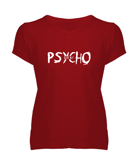 Tisho - Psycho Cute But - Psiko Ama Tatlı Kırmızı Kadın V Yaka Tişört