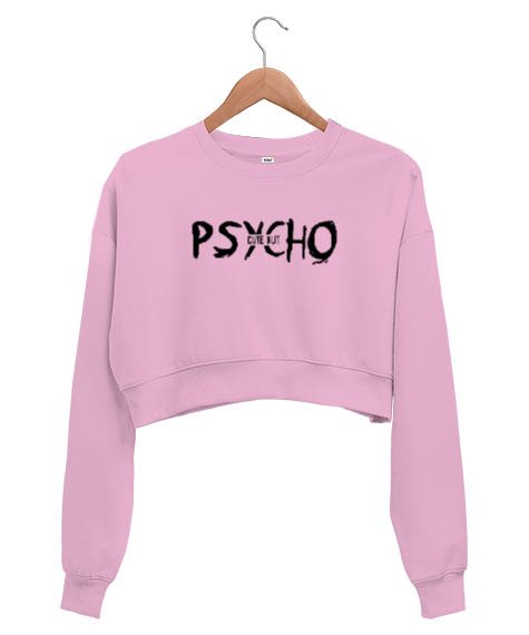 Tisho - Psycho Cute But - Psiko Ama Tatlı Pembe Kadın Crop Sweatshirt