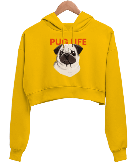 Tisho - Pug Life Sarı Kadın Crop Hoodie Kapüşonlu Sweatshirt
