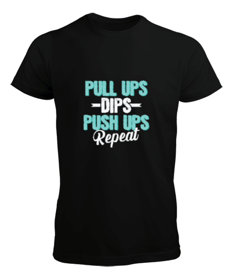 Tisho - Pull Ups Dips Push Ups Repeat Siyah Erkek Tişört