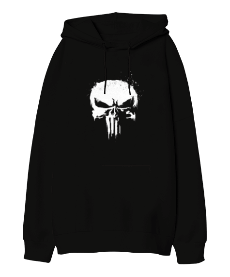 Tisho - Punisher Kuru Kafa Baskılı Siyah Oversize Unisex Kapüşonlu Sweatshirt