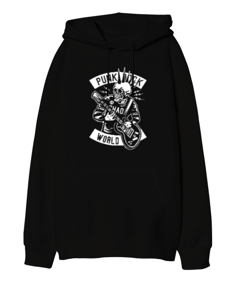 Tisho - Punk Rock Siyah Oversize Unisex Kapüşonlu Sweatshirt