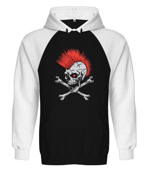 Tisho - Punk Skull Siyah/Beyaz Orjinal Reglan Hoodie Unisex Sweatshirt