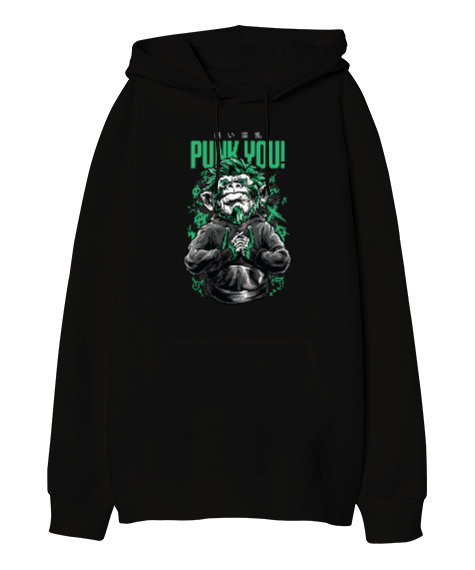 Tisho - Punk You Tasarım Baskılı Siyah Oversize Unisex Kapüşonlu Sweatshirt