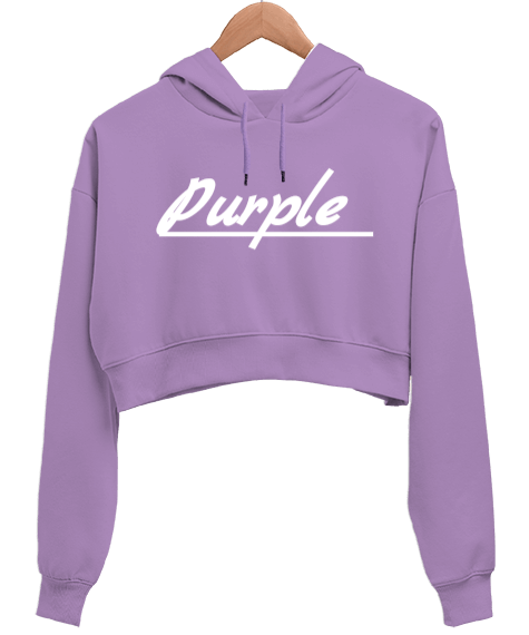 Tisho - Purple yazılı Kadın Crop Hoodie Kapüşonlu Sweatshirt