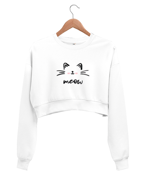 Tisho - Purrfect Cat Beyaz Kadın Crop Sweatshirt
