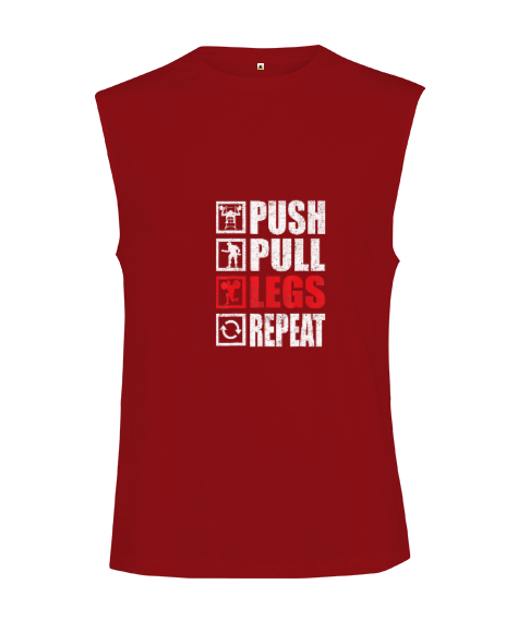 Tisho - Push Pull Legs Repeat Bodybuilding Gym Fitness Kırmızı Kesik Kol Unisex Tişört