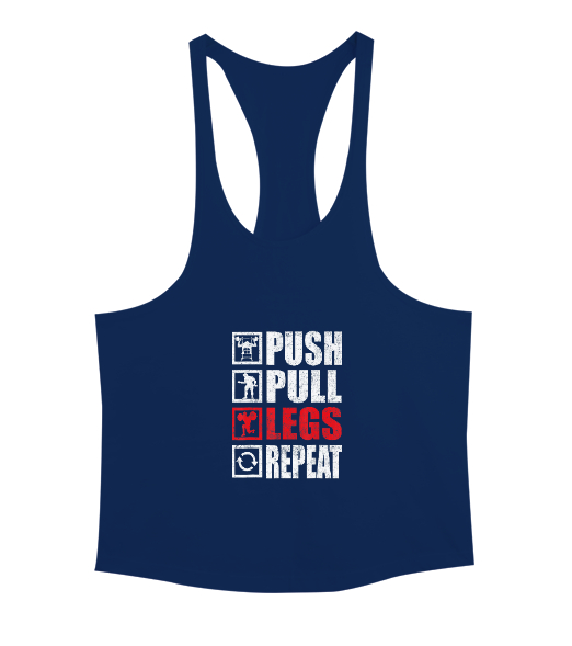 Tisho - Push Pull Legs Repeat Bodybuilding Gym Fitness Lacivert Erkek Tank Top Atlet