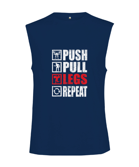 Tisho - Push Pull Legs Repeat Bodybuilding Gym Fitness Lacivert Kesik Kol Unisex Tişört
