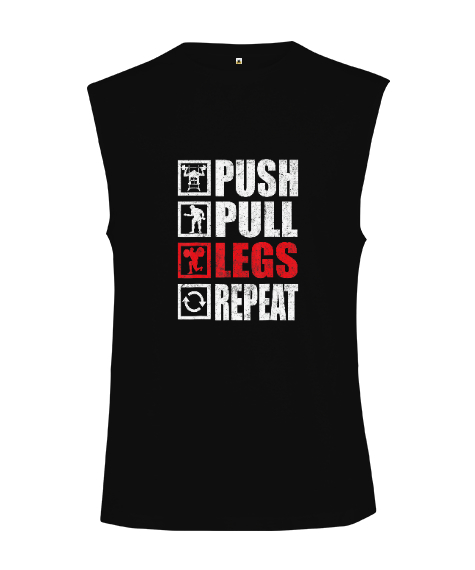 Tisho - Push Pull Legs Repeat Bodybuilding Gym Fitness Siyah Kesik Kol Unisex Tişört
