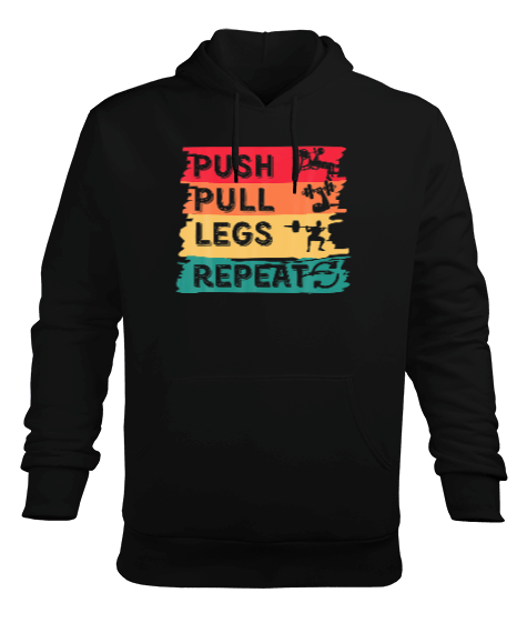 Tisho - Push Pull Legs Repeat Retro Bodybuilding Gym Fitness Siyah Erkek Kapüşonlu Hoodie Sweatshirt