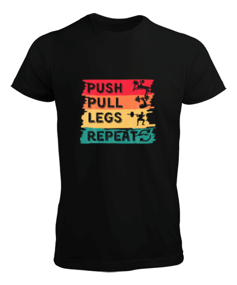 Tisho - Push Pull Legs Repeat Retro Bodybuilding Gym Fitness Siyah Erkek Tişört