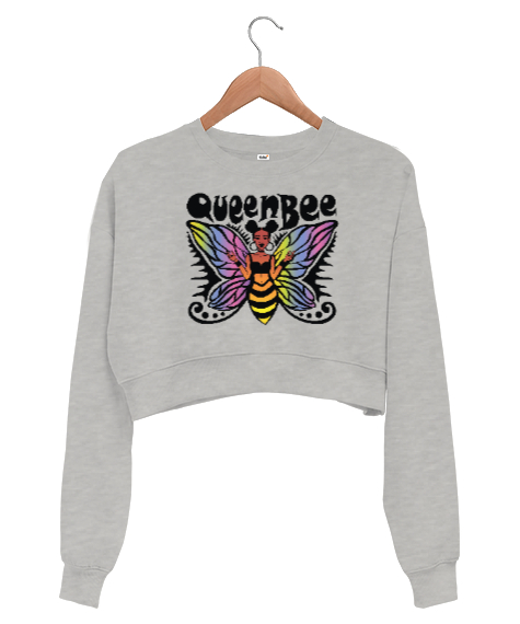 Tisho - Queenbee - Kraliçe Arı Gri Kadın Crop Sweatshirt