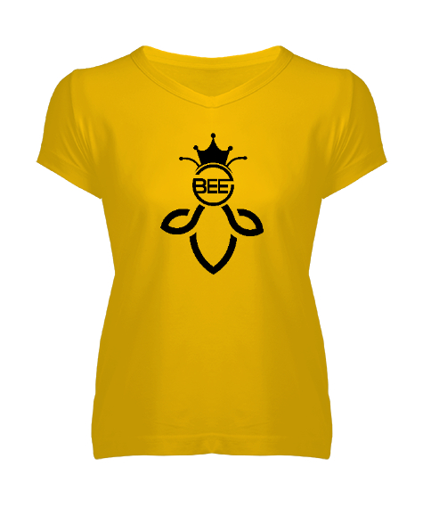Tisho - Queenbee - Kraliçe Arı Sarı Kadın V Yaka Tişört
