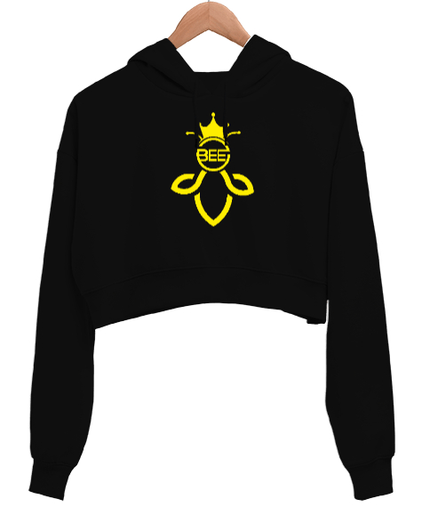 Tisho - Queenbee - Kraliçe Arı Siyah Kadın Crop Hoodie Kapüşonlu Sweatshirt