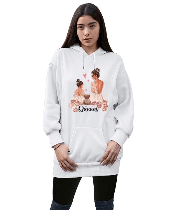 Tisho - QUEENS YAZILI ANNE KİZ Kadın Uzun Hoodie Kapüşonlu Sweatshirt