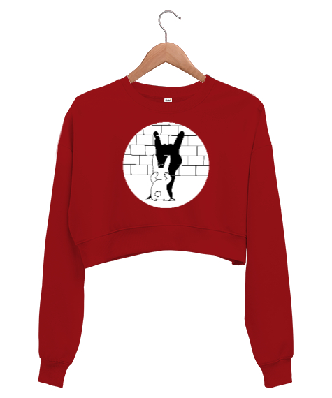 Tisho - Rabbit Shadow - Tavşan Gölge Oyunu Kırmızı Kadın Crop Sweatshirt