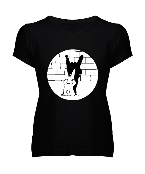 Tisho - Rabbit Shadow - Tavşan Gölge Oyunu Siyah Kadın V Yaka Tişört