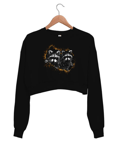 Tisho - Rakunlar Siyah Kadın Crop Sweatshirt
