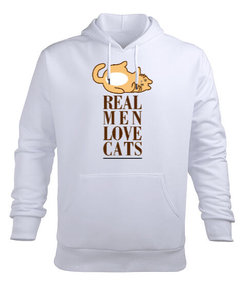 Tisho - Real Men Love Cat Beyaz Erkek Kapüşonlu Hoodie Sweatshirt
