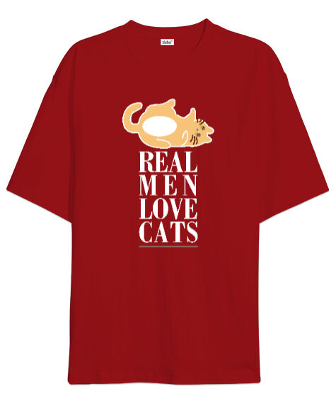 Tisho - Real Men Love Cat Kırmızı Oversize Unisex Tişört