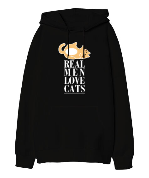 Tisho - Real Men Love Cat Siyah Oversize Unisex Kapüşonlu Sweatshirt
