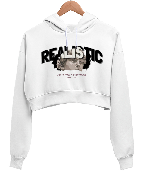 Tisho - Realistic Tasarım Baskılı Beyaz Kadın Crop Hoodie Kapüşonlu Sweatshirt