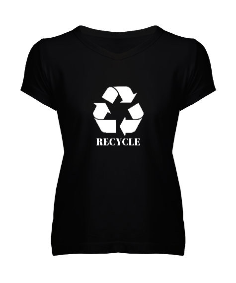 Tisho - Recycle - Geri Dönüşüm Siyah Kadın V Yaka Tişört