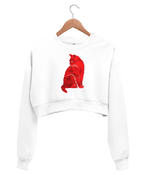 Tisho - Red Cat Baskılı Kadın Crop Sweatshirt