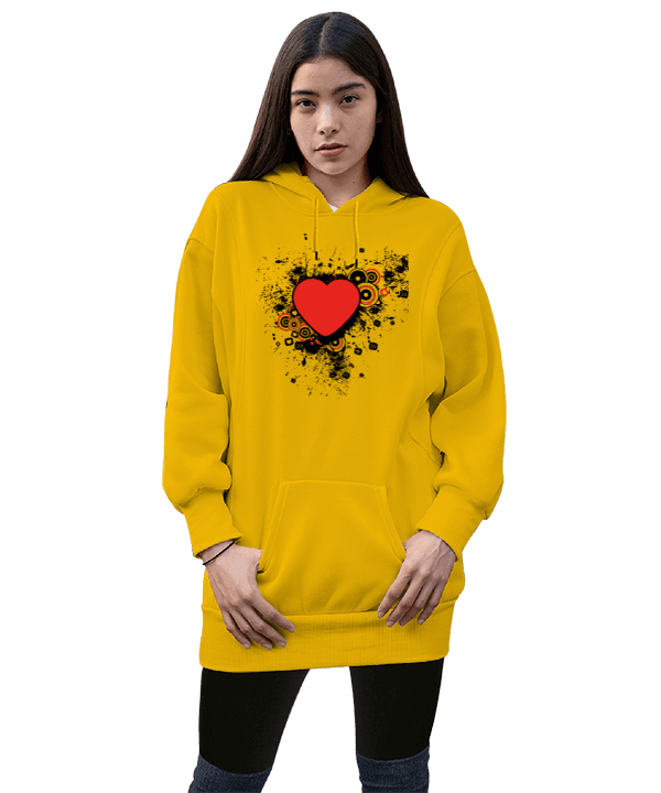 Tisho - Red Heart Kadın Uzun Hoodie Kapüşonlu Sweatshirt