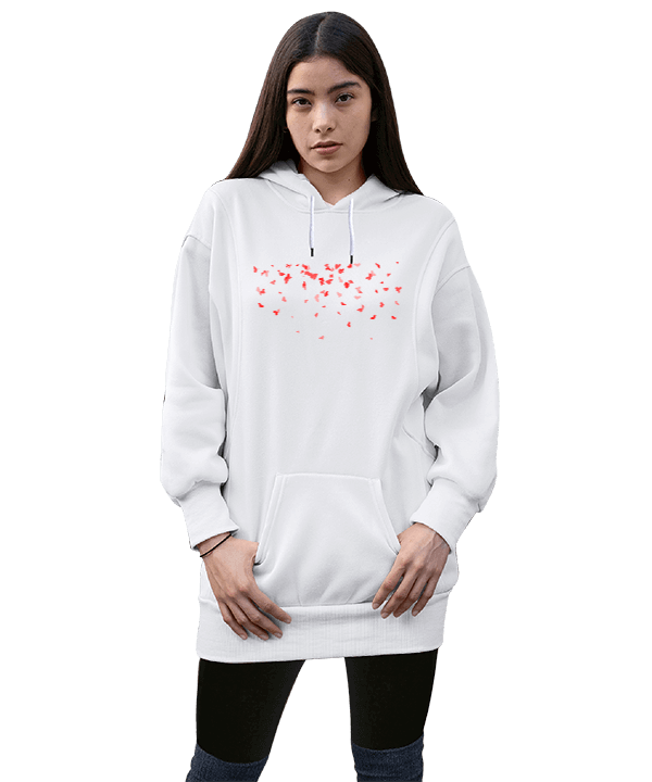 Tisho - Red Kadın Uzun Hoodie Kapüşonlu Sweatshirt