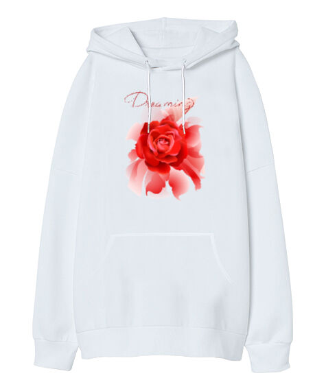 Tisho - Red Rose - Dreaming - Beyaz Oversize Unisex Kapüşonlu Sweatshirt