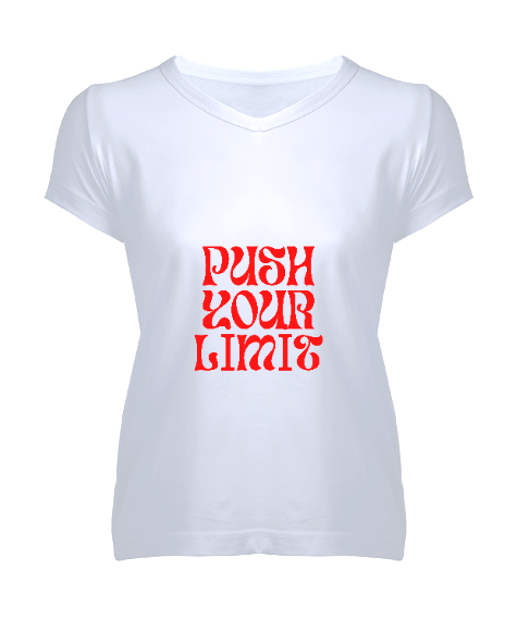 Tisho - Red Typography Push Your Limit Beyaz Kadın V Yaka Tişört