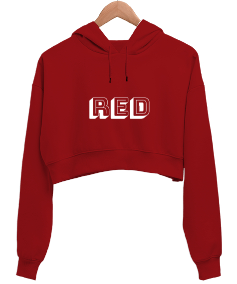Tisho - RED Yazılı Kırmızı Kadın Crop Hoodie Kapüşonlu Sweatshirt